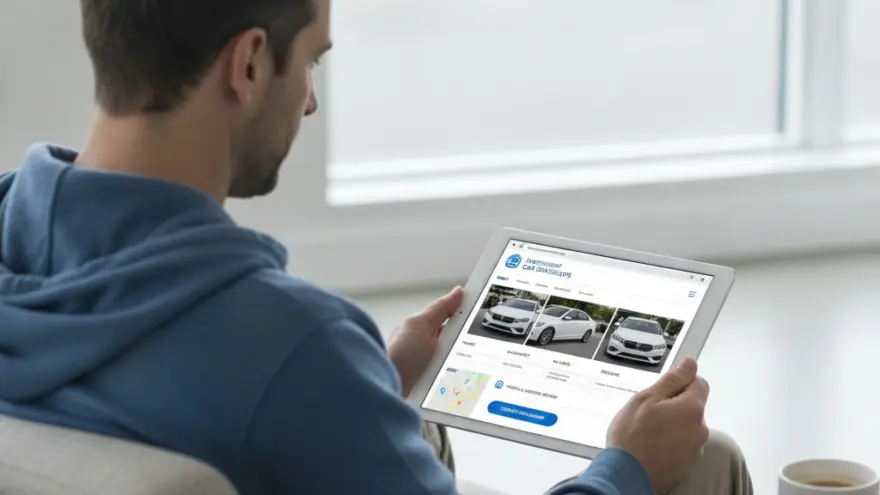 A man in a blue hoodie sits in an armchair while looking at a car dealership website on a tablet.