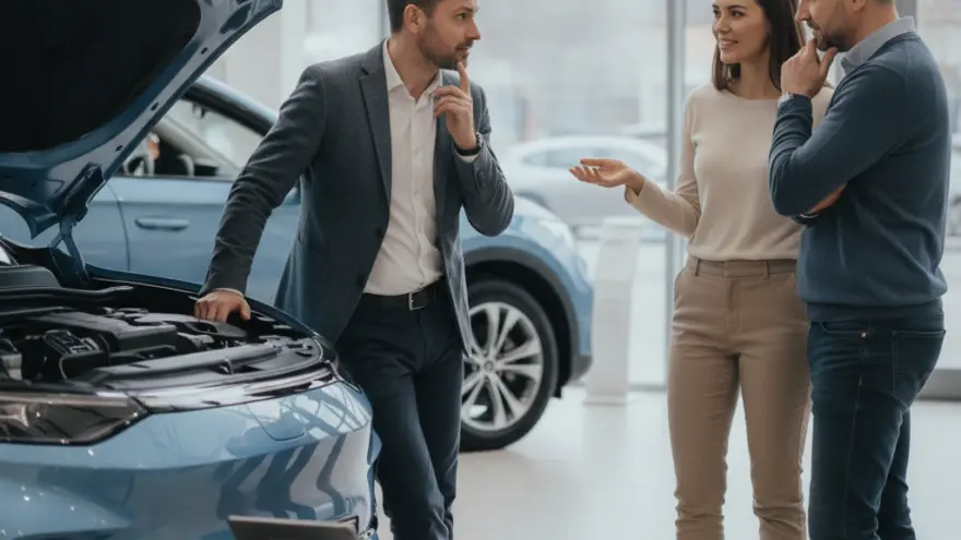 A car salesman in a grey blazer stands next to a blue car with its hood open, talking to a couple in a showroom.