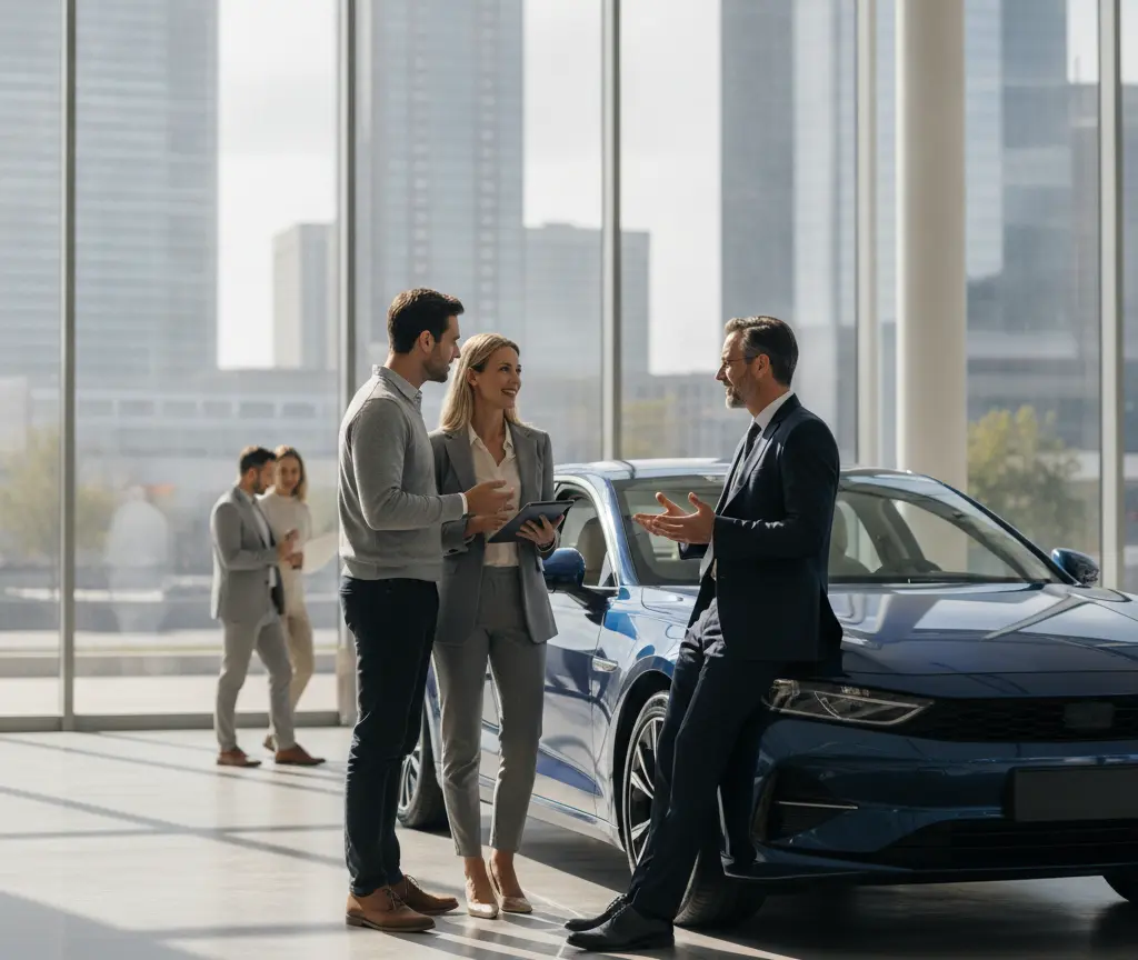 A salesman in a suit talks with a couple standing next to a blue car in a spacious showroom with large windows.