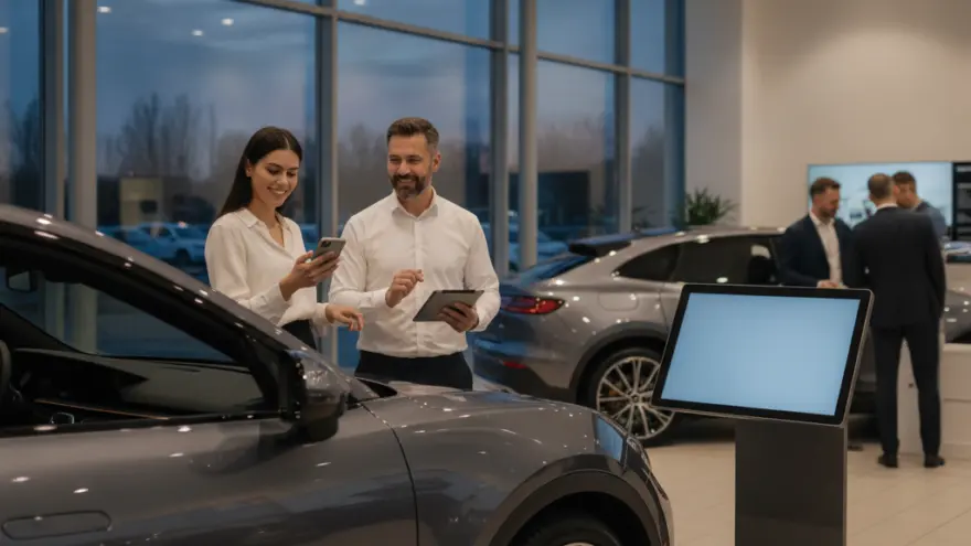 A man and a woman look at a smartphone and a tablet next to a grey car inside a modern car dealership showroom.