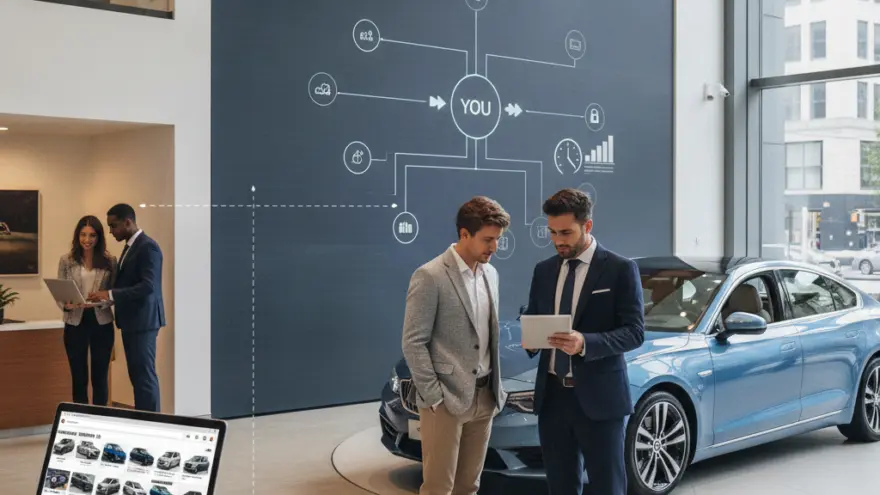 Two men in suits look at a tablet in a car showroom next to a blue sedan, with a laptop displaying cars in the foreground.