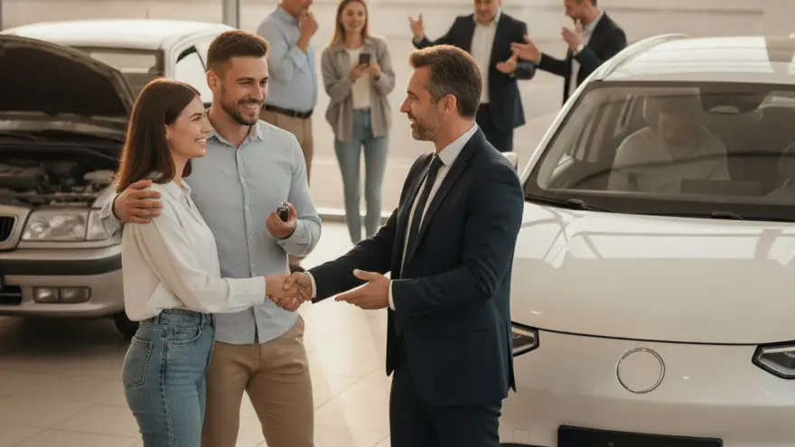 A smiling salesman in a suit shakes hands with a young woman standing next to her partner inside a car dealership showroom with vehicles and other people in the background.
