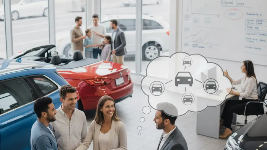 A car salesman holding a tablet talks to a smiling couple shaking hands with another man in a car dealership showroom with other people and cars in the background.