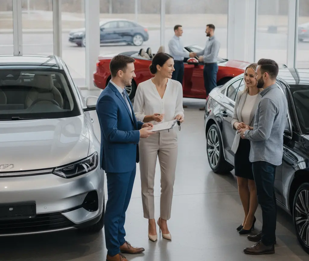 A car salesman in a blue suit holds a clipboard while talking to a woman in a white blouse and beige trousers, with another couple and cars visible in the showroom.