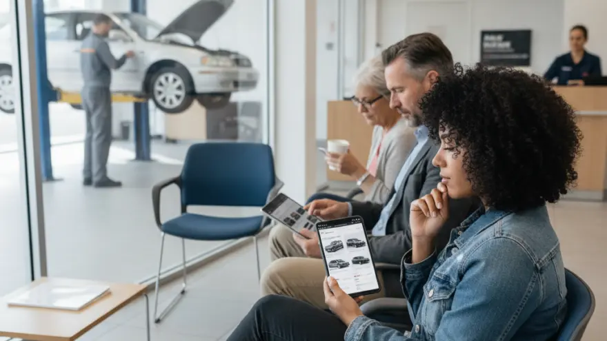 A woman looks at a tablet showing car models while sitting in a dealership waiting room next to other customers, with a mechanic working on a car visible through a glass window.