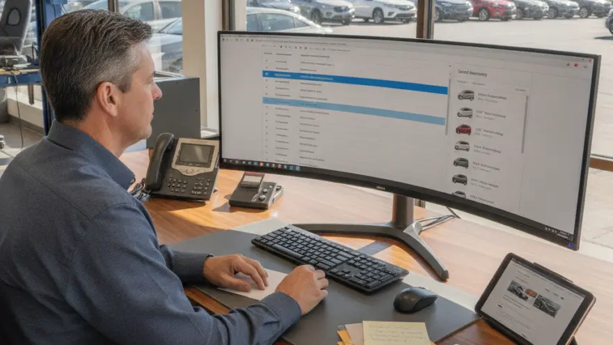A man sits at a wooden desk looking at a large curved computer monitor displaying a vehicle inventory list, with a car lot visible through the window behind him.