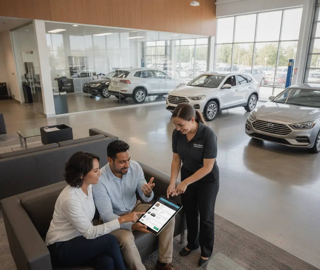 A dealership employee shows a digital tablet to a seated couple in a car showroom with vehicles in the background.
