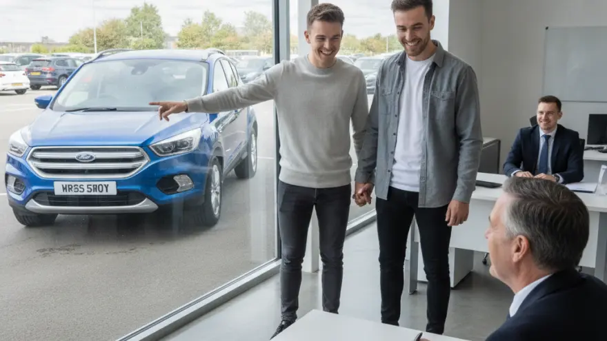 Two smiling men hold hands inside a car dealership showroom while one points to a blue SUV parked outside and a salesman sits at a desk with paperwork.