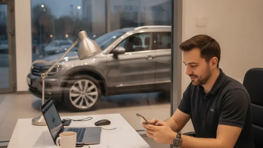 A man sits at a desk in an office looking at his smartphone, with a laptop, a mug, and a lamp on the desk, and a grey SUV visible through the window behind him.
