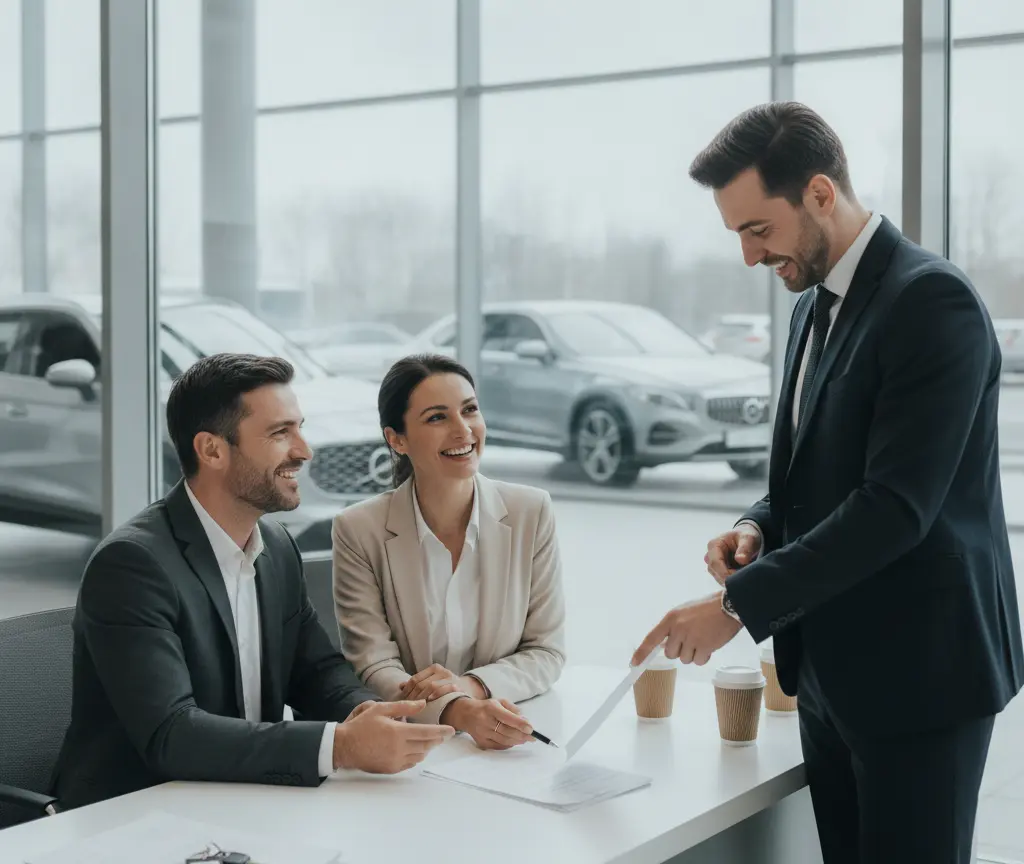A smiling salesman in a suit points to a document on a desk for a seated couple inside a car dealership showroom.
