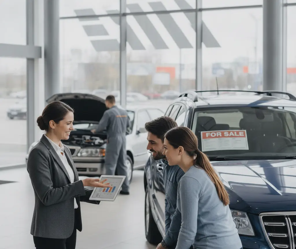 A saleswoman shows a digital tablet to a smiling couple sitting on the hood of a blue car inside a dealership showroom.