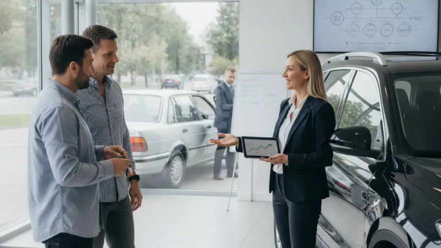 A female sales representative in a suit holds a tablet while talking to two men standing next to a black SUV inside a car dealership showroom.