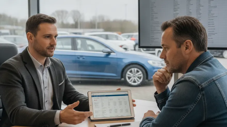 A salesman in a grey blazer shows a tablet screen to a customer in a denim jacket at a desk inside a car dealership.