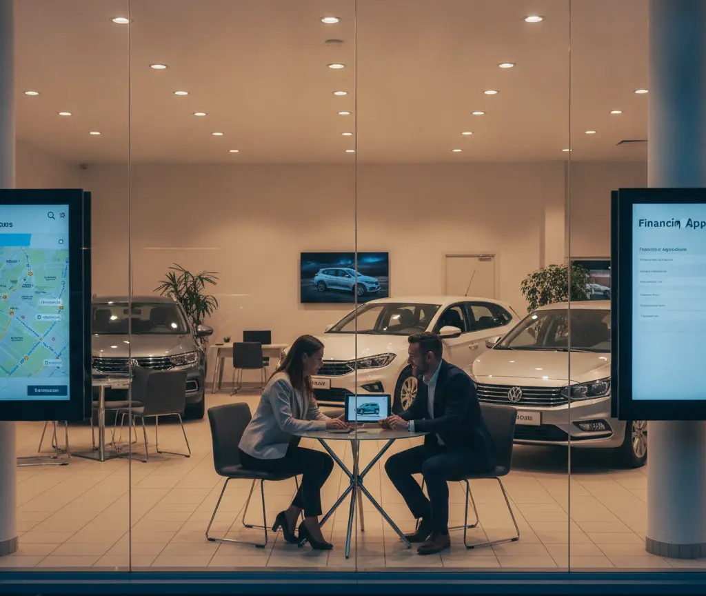 A woman and a man in business attire sit at a glass table inside a car dealership showroom looking at a tablet, with several cars parked behind them.