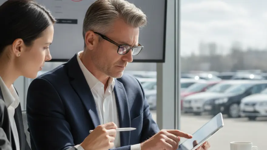 A man and a woman in business attire looking at a tablet in an office with a car lot visible through the window.