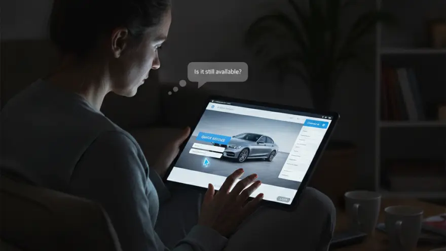 A woman sits in a dimly lit room holding a tablet that displays a silver sedan on a website.