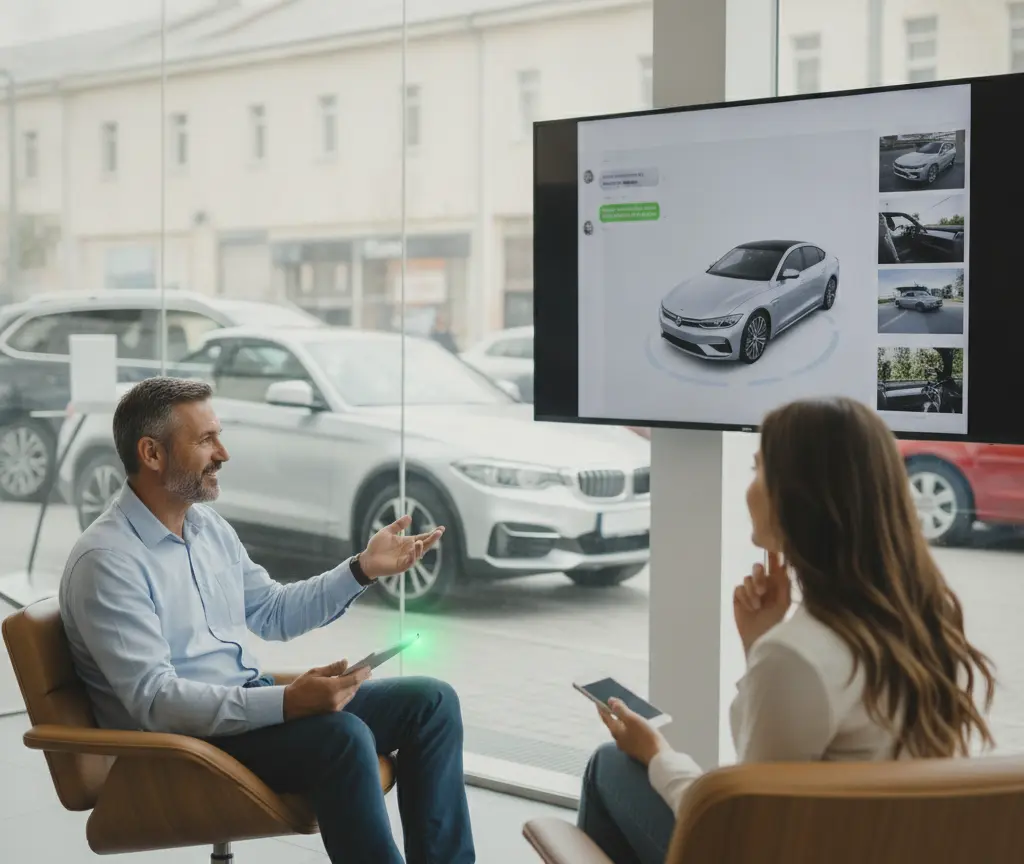 A salesman holding a tablet talks to a woman in a car dealership showroom with a large screen displaying a car.