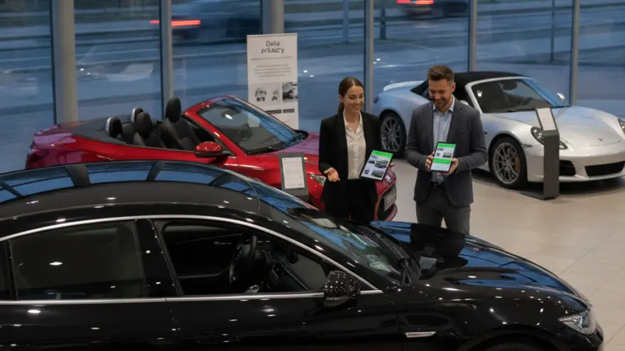 A man and a woman in business attire hold tablets while standing next to a black car in a showroom with other vehicles.