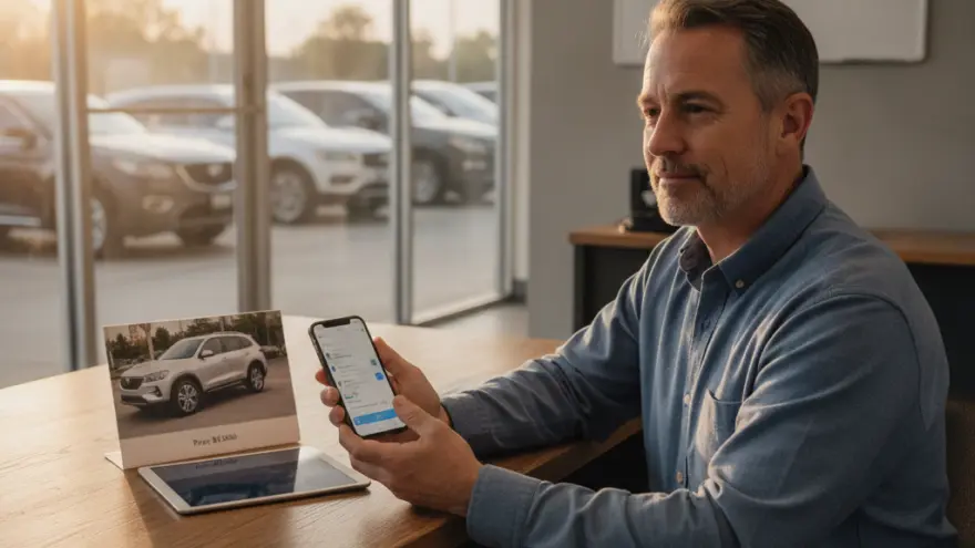 A man sits at a wooden desk inside an office holding a smartphone, with a tablet and a photo of an SUV on the desk.