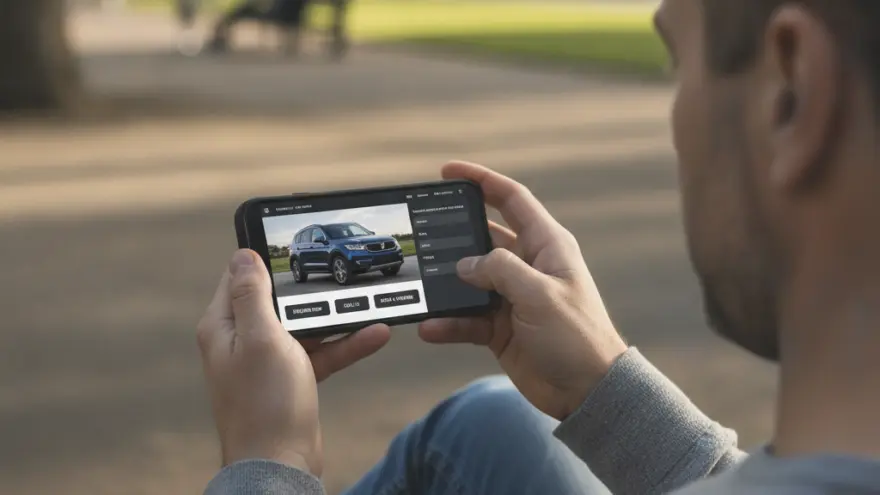 A man sitting outdoors holds a smartphone displaying a blue SUV on a website.