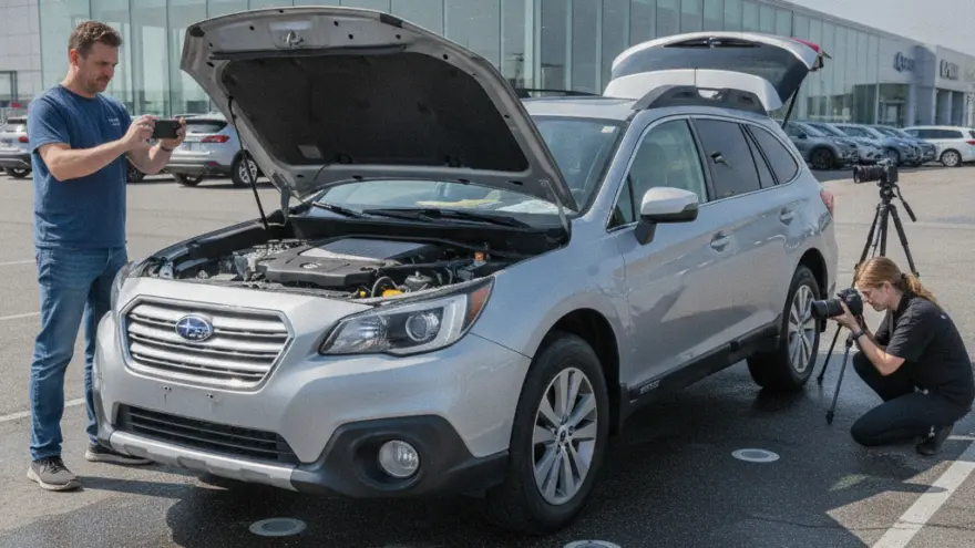 A man takes a photo of a silver SUV's open engine bay with his phone while a woman crouches to photograph the rear wheel with a camera on a tripod in a dealership parking lot.