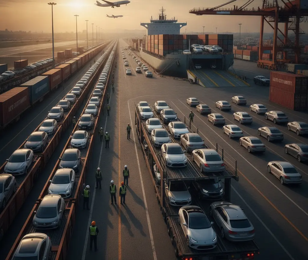 An aerial view of a busy transportation hub at sunset, featuring cargo trains, a car carrier truck, and a cargo ship loaded with vehicles, with airplanes flying overhead.