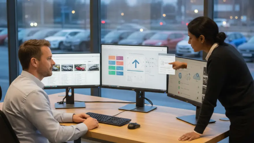 A man sits at a desk looking at computer monitors while a woman stands beside him pointing at one of the screens.