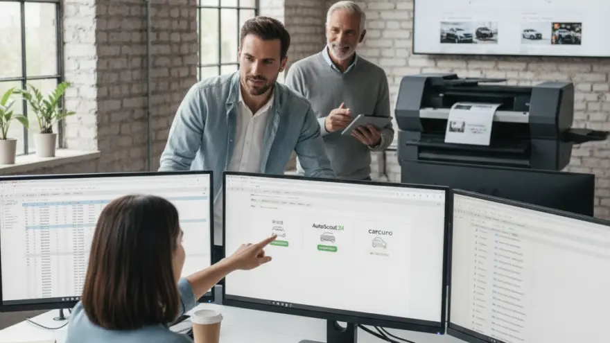 A woman sits at a desk pointing at a computer screen showing car graphics while two men stand behind her in an office setting.