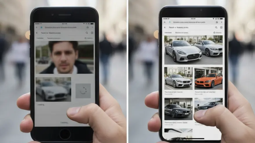 A side-by-side comparison of a hand holding a smartphone, showing a slow-loading website on the left and a fast-loading website displaying multiple car images on the right.