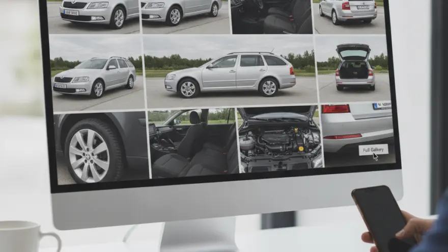 A person sits at a desk looking at a computer monitor displaying a grid of photos of a silver station wagon.