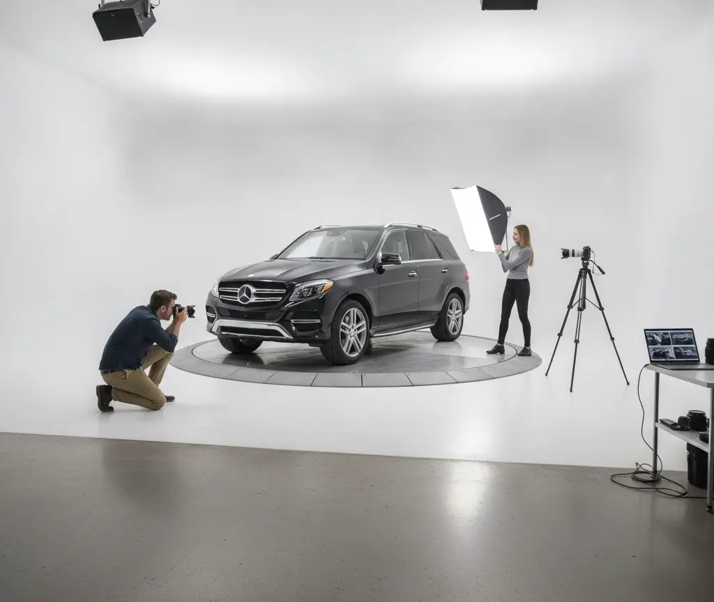 A photographer kneels to take a photo of a black SUV on a rotating platform in a white studio while an assistant holds a softbox light.