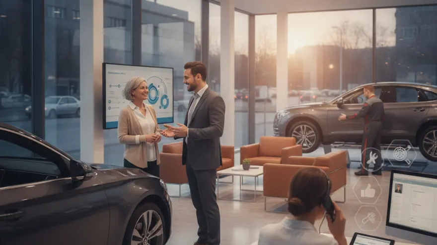 Es moderns Autohuus mit Chundeberater und Chundin im Gspräch, während im Hindergrund en Mechaniker amene Auto schafft und im Vordergrund en Mitarbeiterin am Schriibtisch telefoniert.
