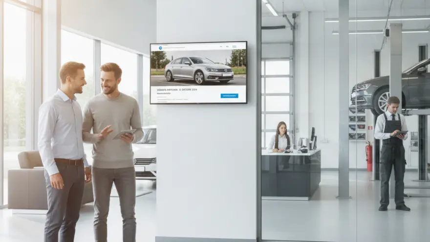 Zwei Männer im Gschpräch imne helle Autohuus, während im Hindergrund dur e Glasschiibe d Werkstatt mit eme Mechaniker und es Büro z gseh sind.