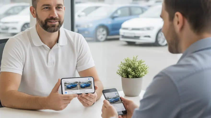 Zwei Männer sitzed aneme Tisch und lueged Bilder vo Autos uf ihrne Smartphones a.