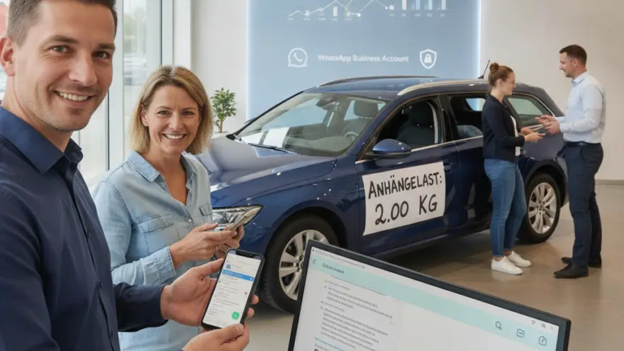 En Verchäufer zeigt sinere Chundin es Smartphone imne Autohuus, während im Hindergrund es anders Paar bi eme blaue Auto staht.