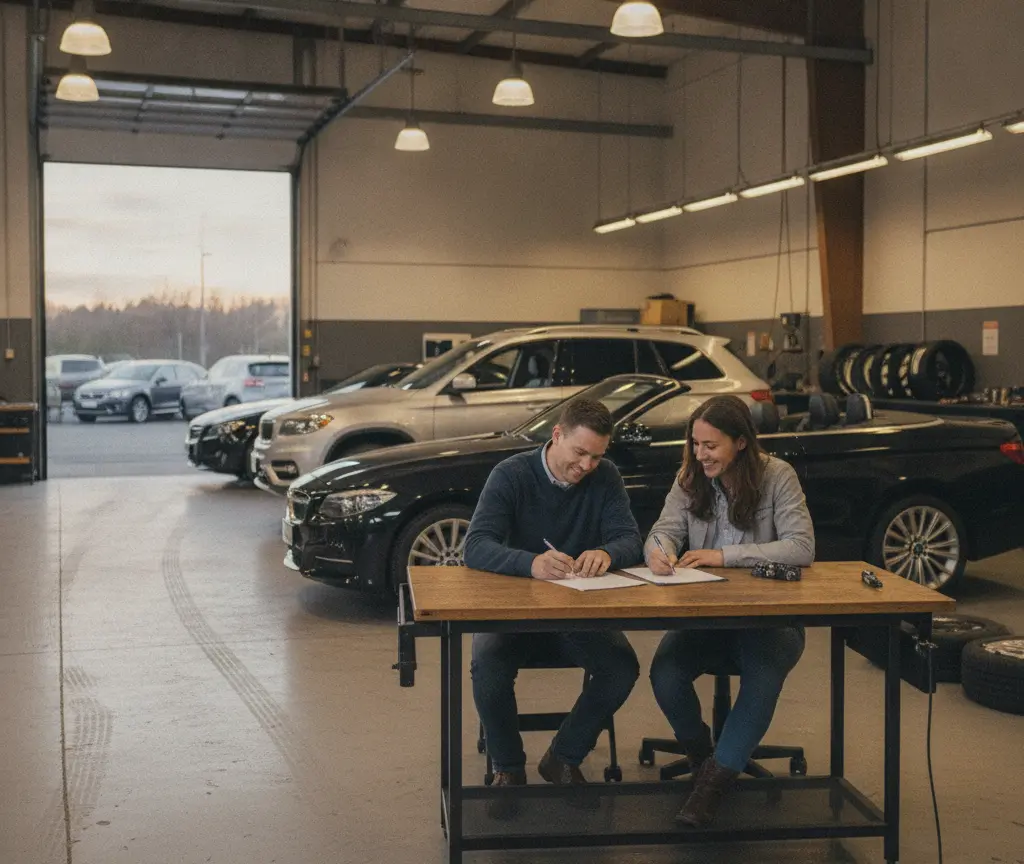 En Maa und e Frau sitzed aneme Holztisch inere Autowerkstatt und underschriibed Dokument, während im Hindergrund mehreri Autos stönd.