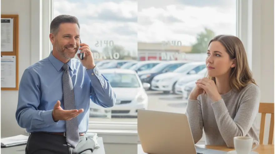 En Verkäufer im blaue Hemmli telefoniert im Büro, während e Frau am Tisch mit em Laptop sitzt und zuelost.
