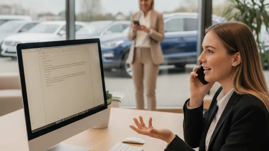 E Frau im Hindergrund staht mit emne Smartphone vor Autos, während e Frau im Vordergrund am Schriibtisch telefoniert.