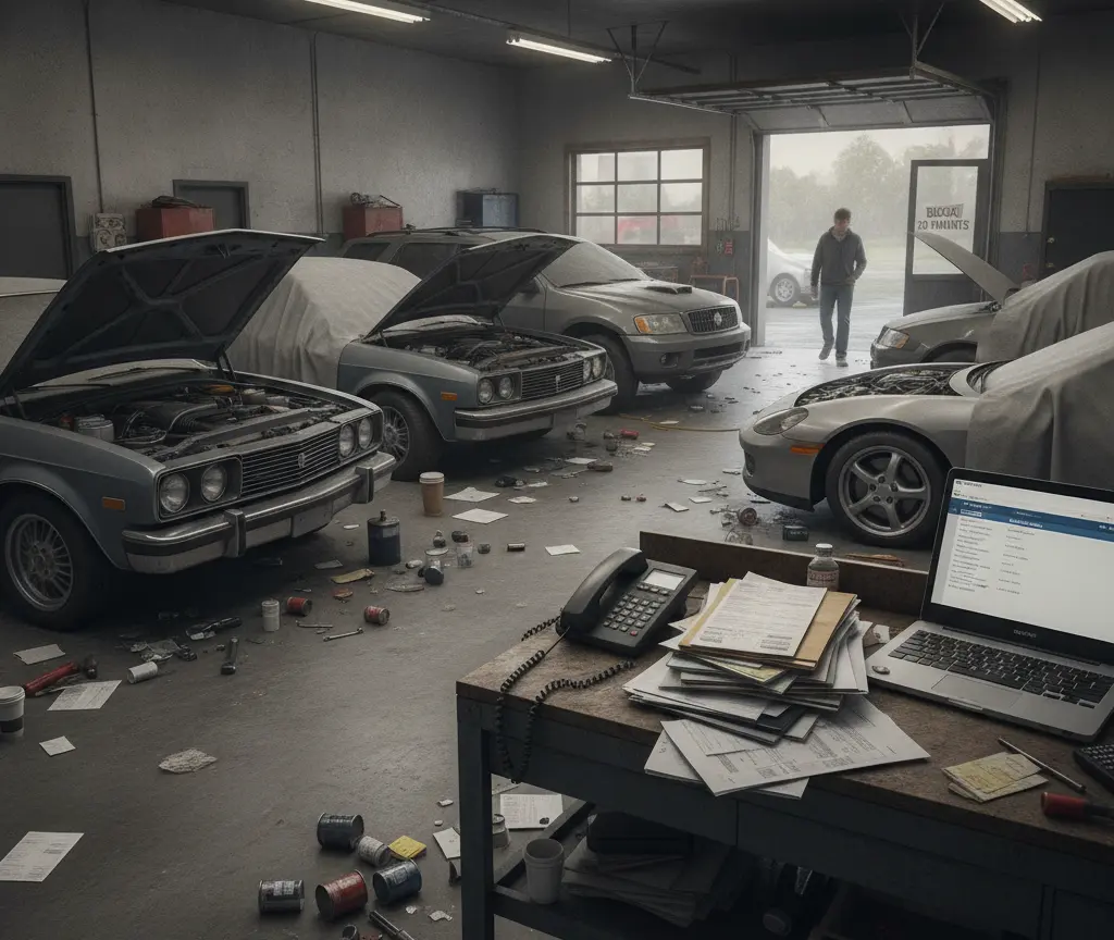 En unordentlechi Autowerchstatt mit offene Motorhube, Werkzüg uf em Bode und eme Schriibtisch mit Laptop im Vordergrund.