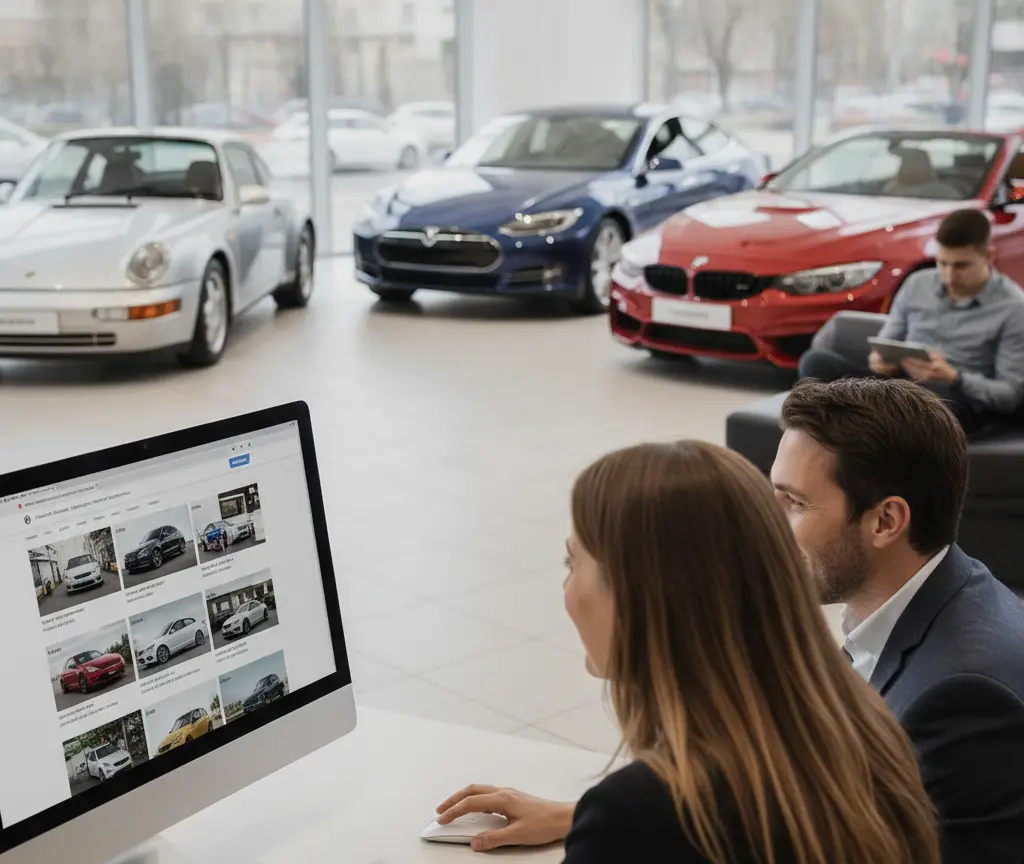 En Frau und en Ma lueged imene Autohuus uf en Computerbildschirm, während im Hintergrund verschideni Auto stönd.