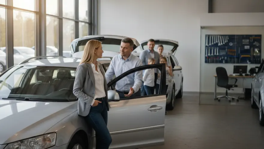 En Verkäufer redet mit ere Frau näbed eme silbrige Auto inere Garage, während im Hindergrund e Familie stoht.