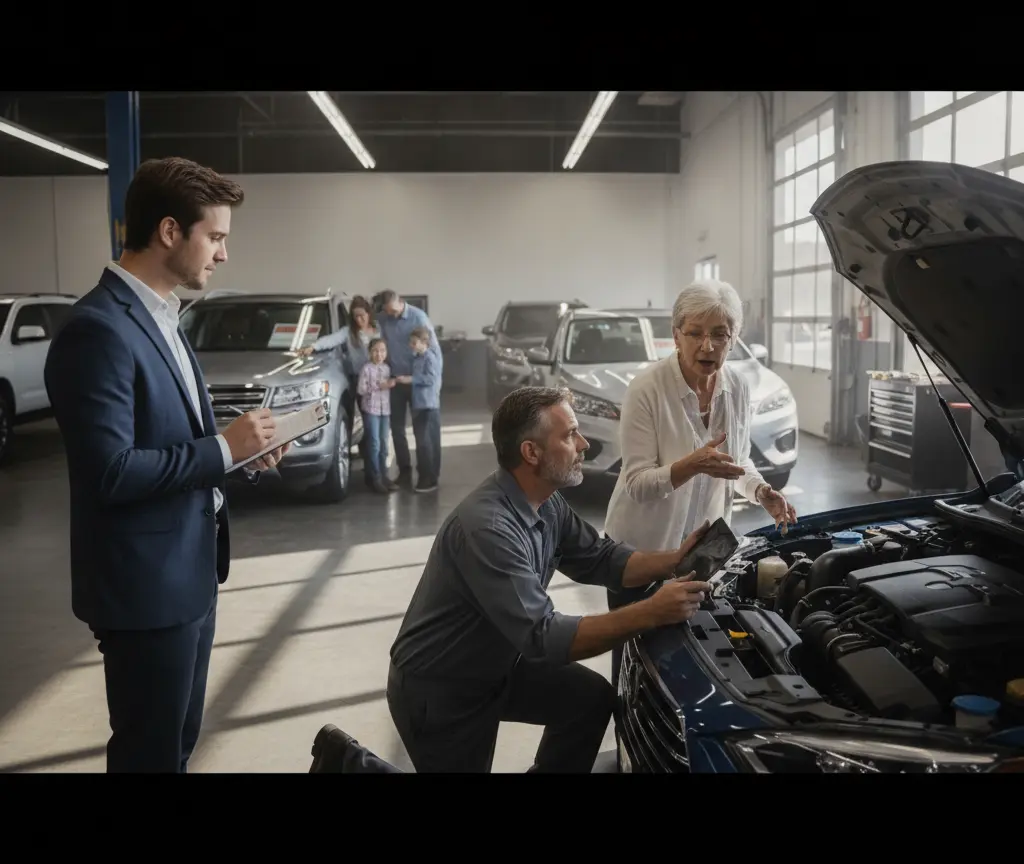 En Automechaniker zeigt ere Chundin de Motorruum vomene blaue Auto, während en Verkäufer im Chleischtift Notize macht.
