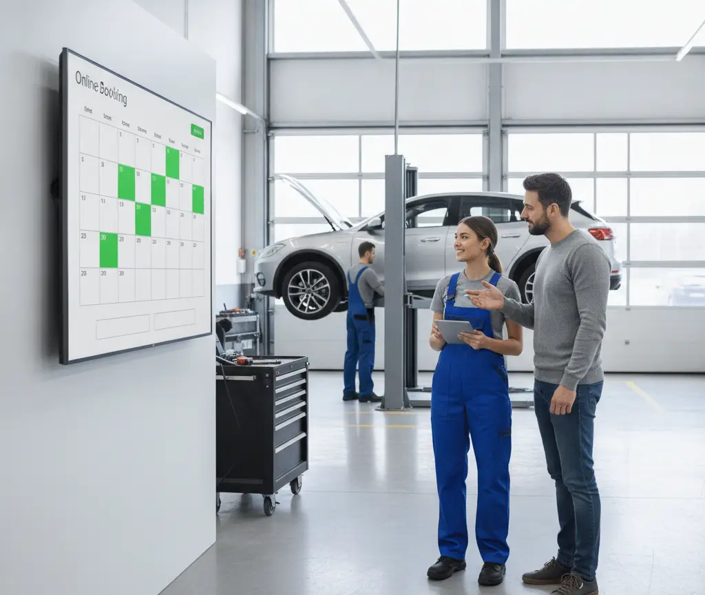 En Automechanikerin in blauem Blaumann und en Chund lueged gmeinsam uf en grosse Bildschirm mit eme Online-Buechigschaländer inere Autowerchstatt.