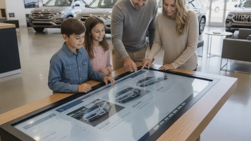 A family of four stands around a large interactive touch screen table displaying car options inside a dealership showroom.