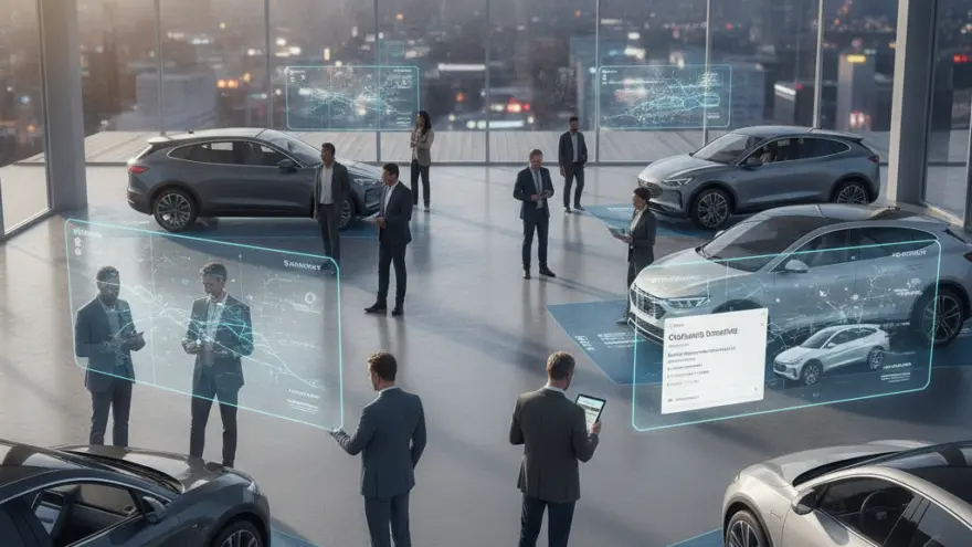 People in business attire view cars in a modern showroom with large windows overlooking a city skyline and interactive digital displays.