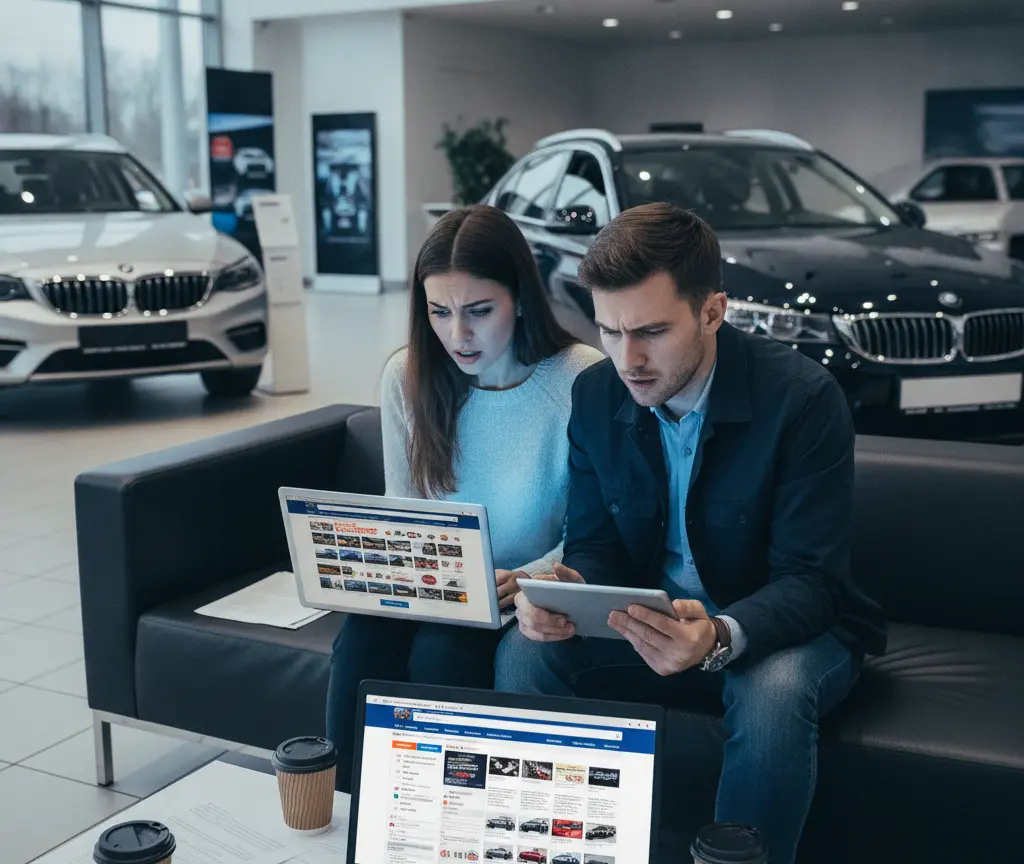 A man and a woman sit on a black sofa in a car showroom, looking with concerned expressions at a laptop and a tablet.