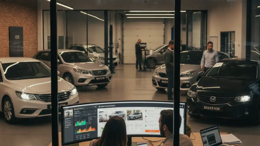A man and a woman sit at a desk with a large curved monitor, looking at data in an office overlooking a car dealership showroom with several vehicles and people.