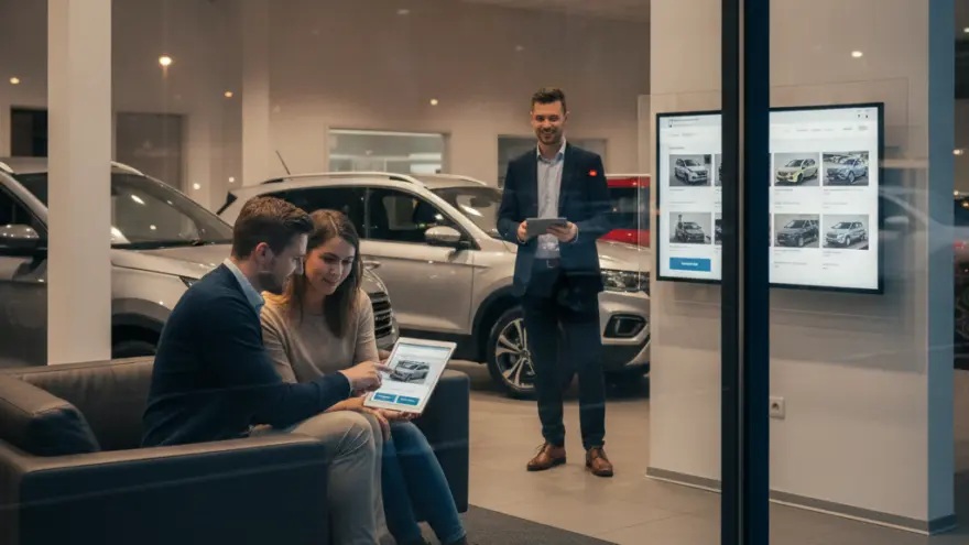 A man and a woman sit on a couch in a car dealership looking at a tablet, while a salesman stands in the background near parked cars.