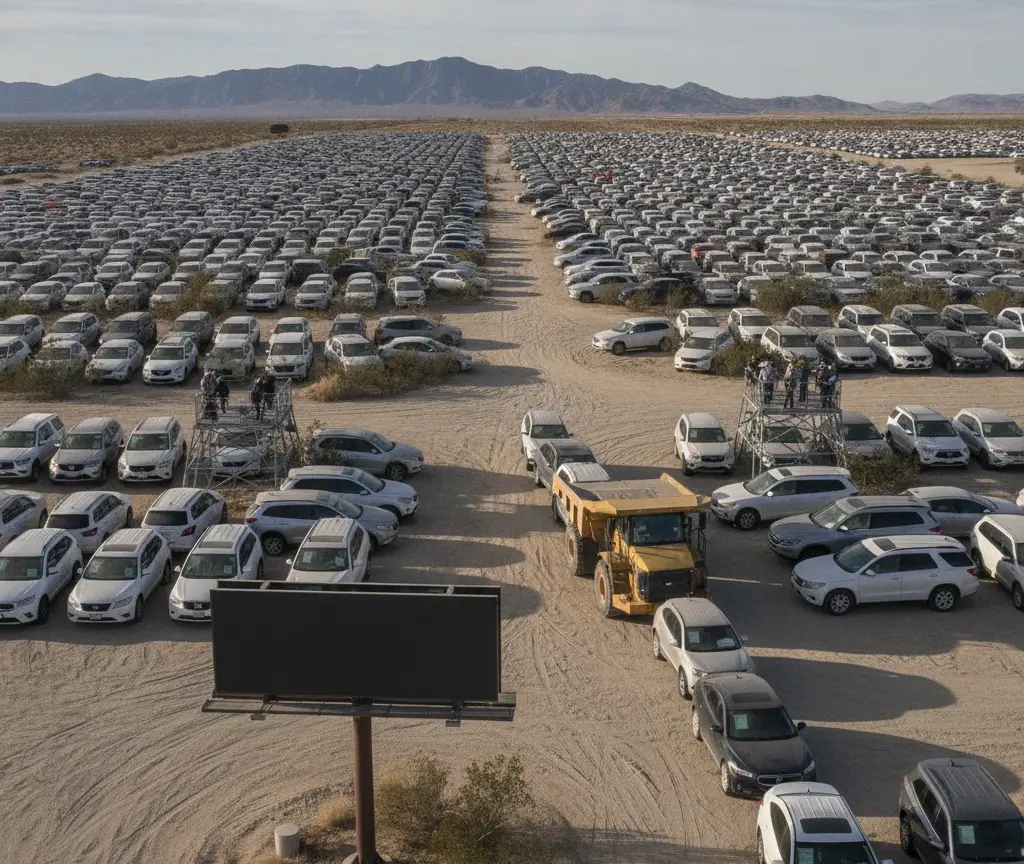 An aerial view of thousands of cars parked in a vast desert lot with mountains in the background.