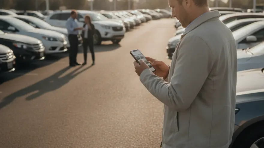 A man stands in a car dealership lot looking at his smartphone, with rows of vehicles and two people talking in the background.